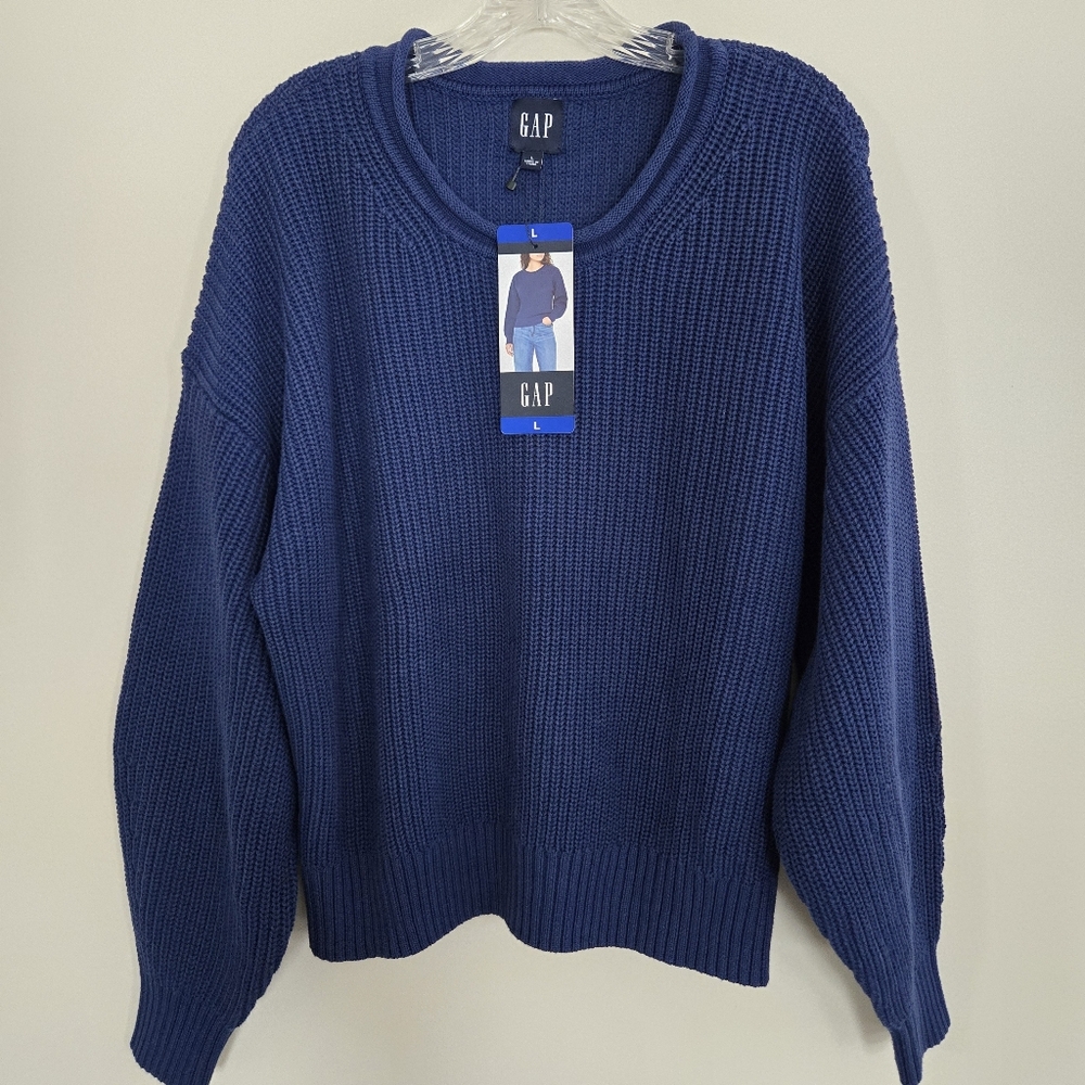 GAP NWT Women's 100% Cotton Chunky Rib Knit Sweater Sz L Blue Rollneck Fisherman